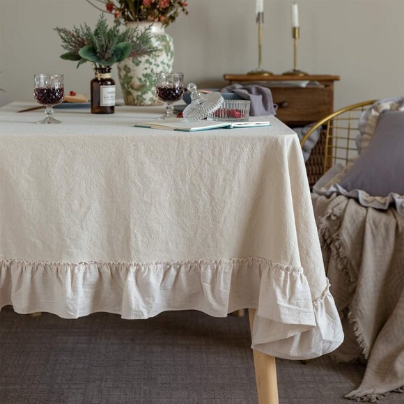 Glory Season Beige Solid Ruffle Rectangle Oblong Taupe Country Tablecloth 60x120 - Picture 1 of 7